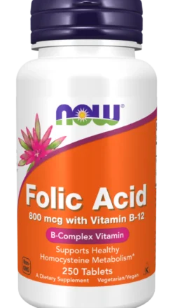 Folic Acid (kwas foliowy + witamina B12) 800 mcg 250 tabletek Now Foods