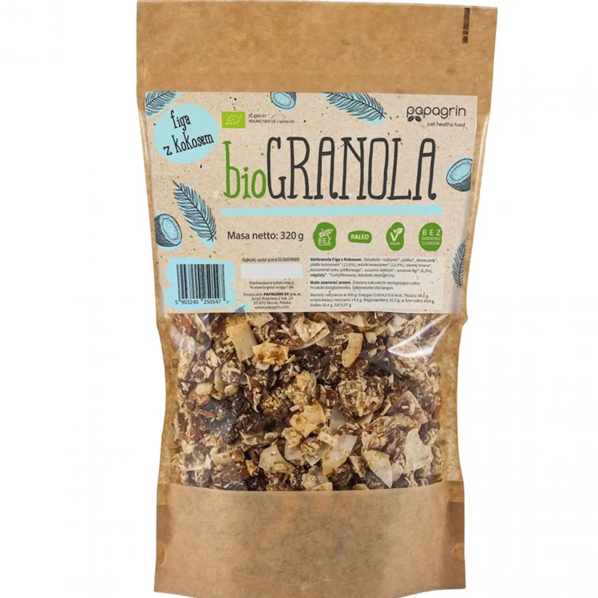 Granola Figa z Kokosem bez Dodatku Cukrów Bezglutenowa BIO 320g Papagrin