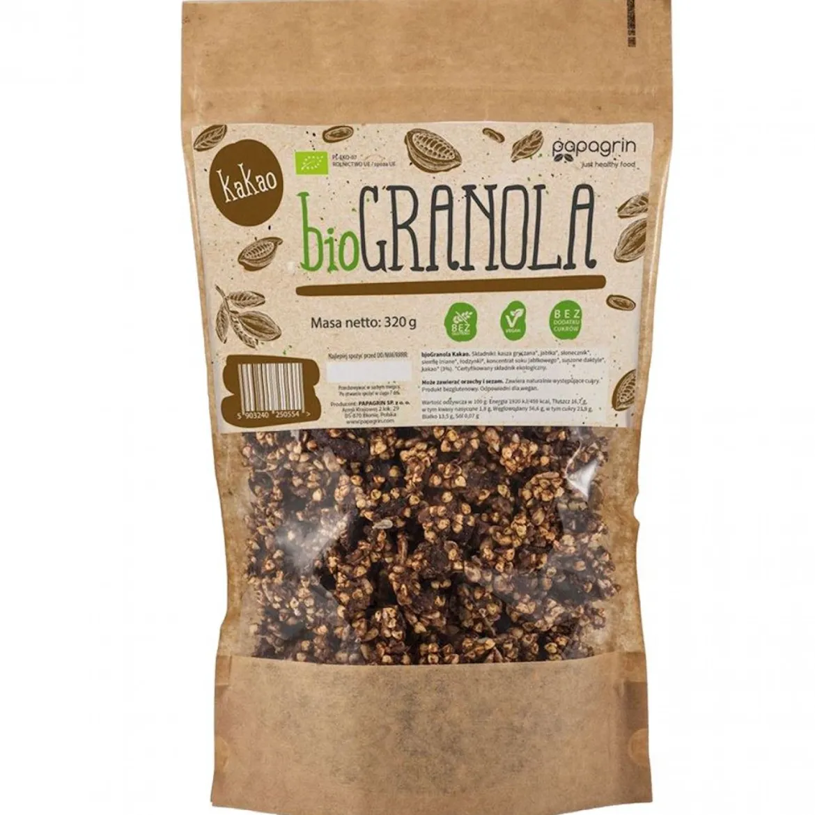 Granola z Kakao bez Dodatku Cukrów Bezglutenowa BIO 320g Papagrin
