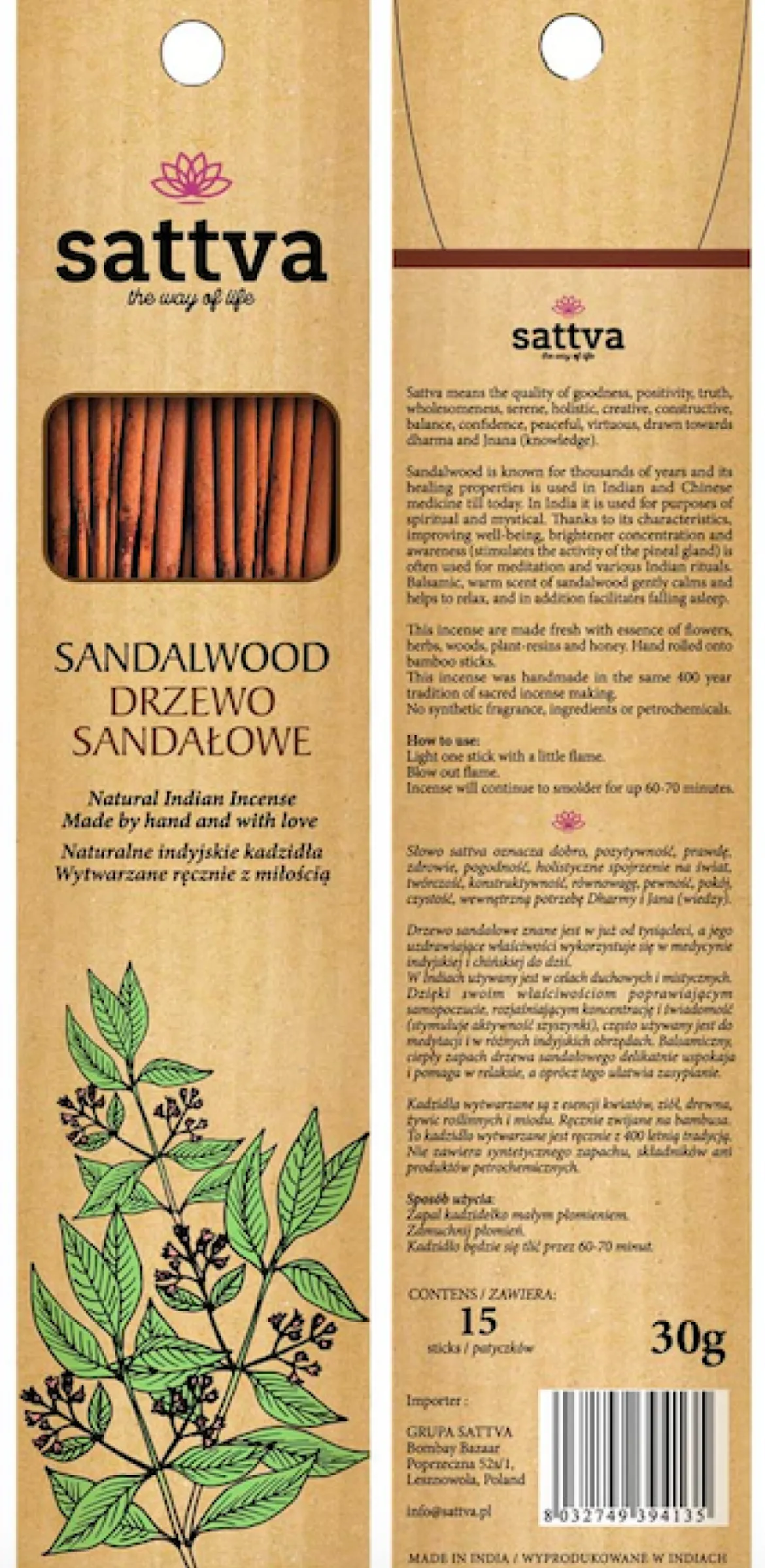 Kadzidło Drzewo Sandłowe 30g 15szt Sattva