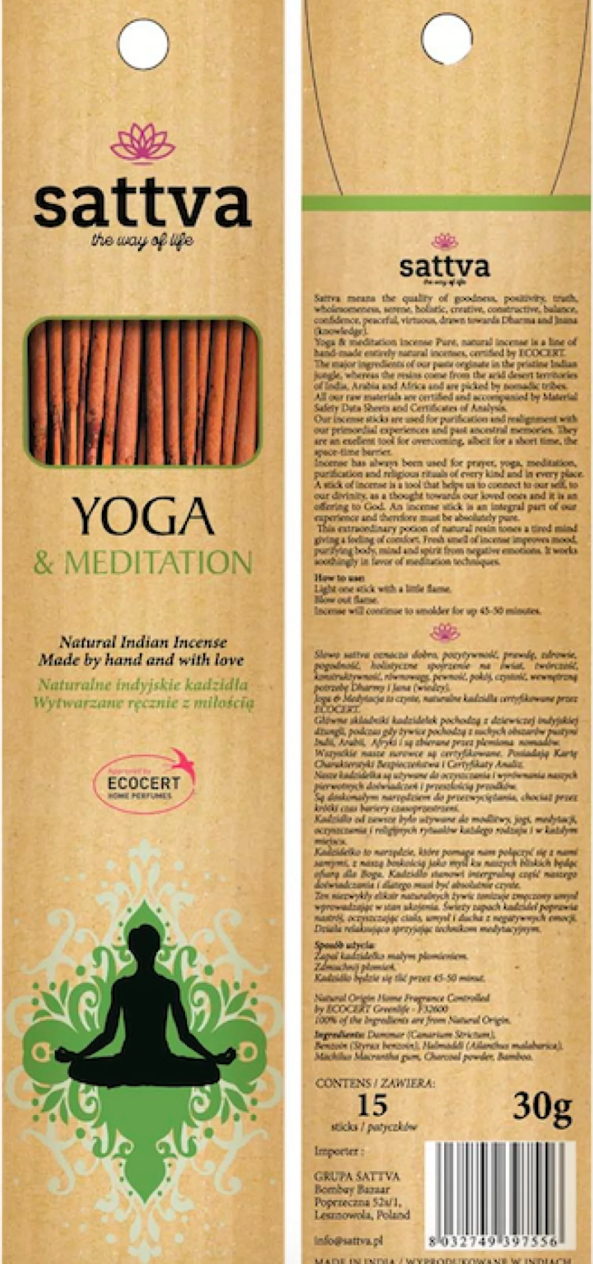 Kadzidło Yoga & Meditation 30g 15szt Sattva