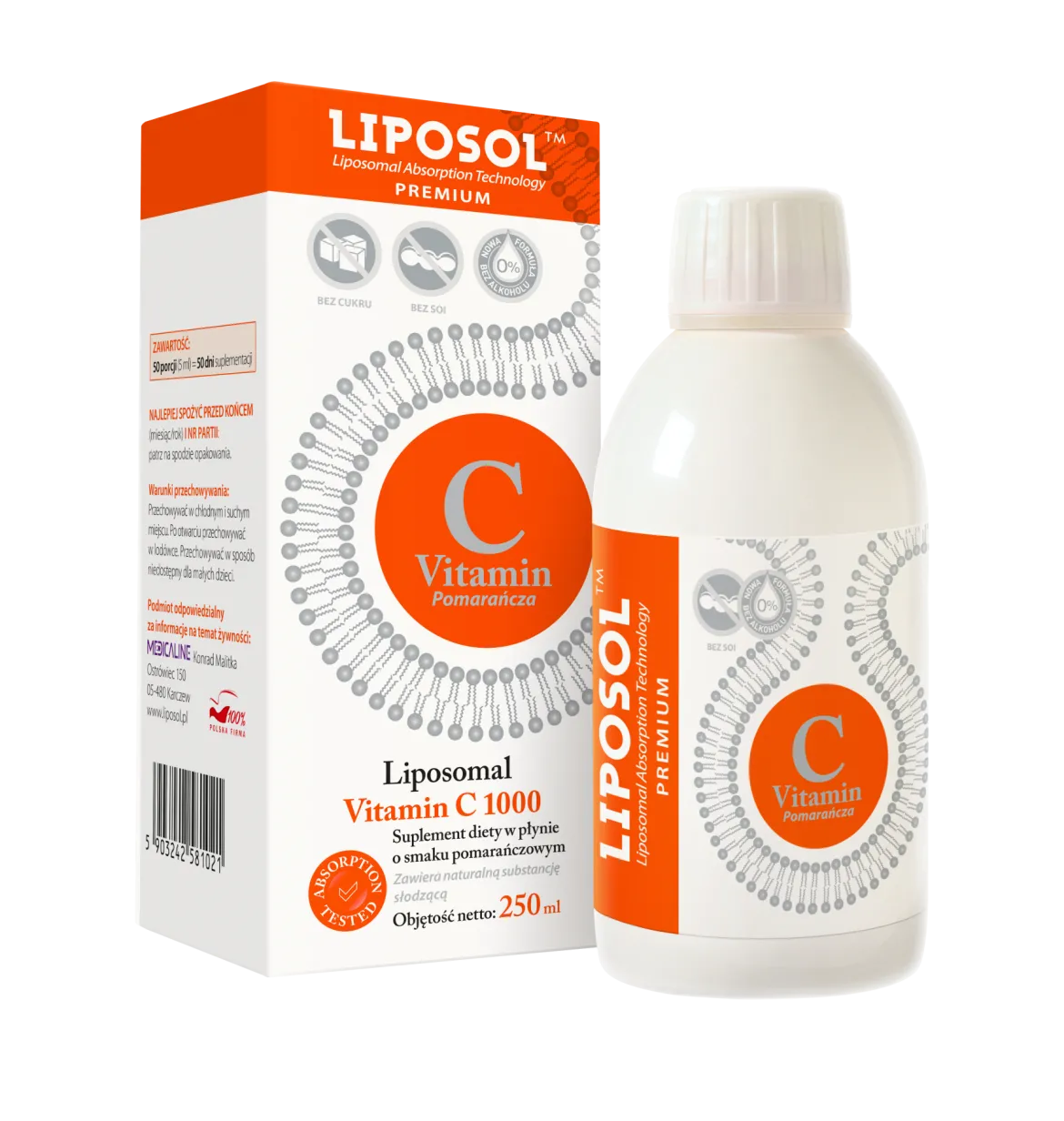 Liposol C 1000 Liposomalna Witamina C 1000 (Buforowana) 250 ml Smak Pomarańczowy Aliness