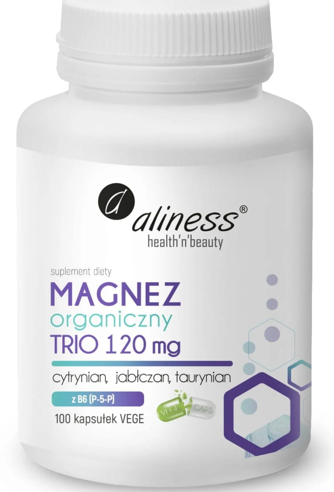 Magnez organiczny TRIO 120 mg z B6 (P-5-P) x 100 VEGE kaps. Aliness