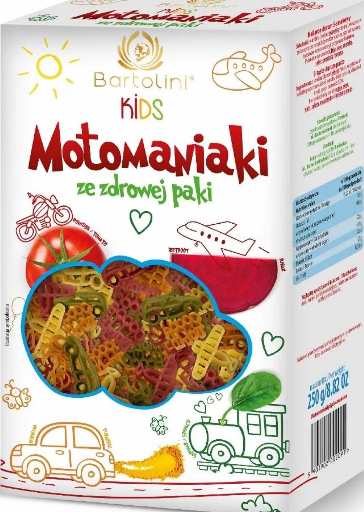 Makaron (Semolinowy z Suszonymi Warzywami) Dla Dzieci Motomaniaki 250g Bartolini