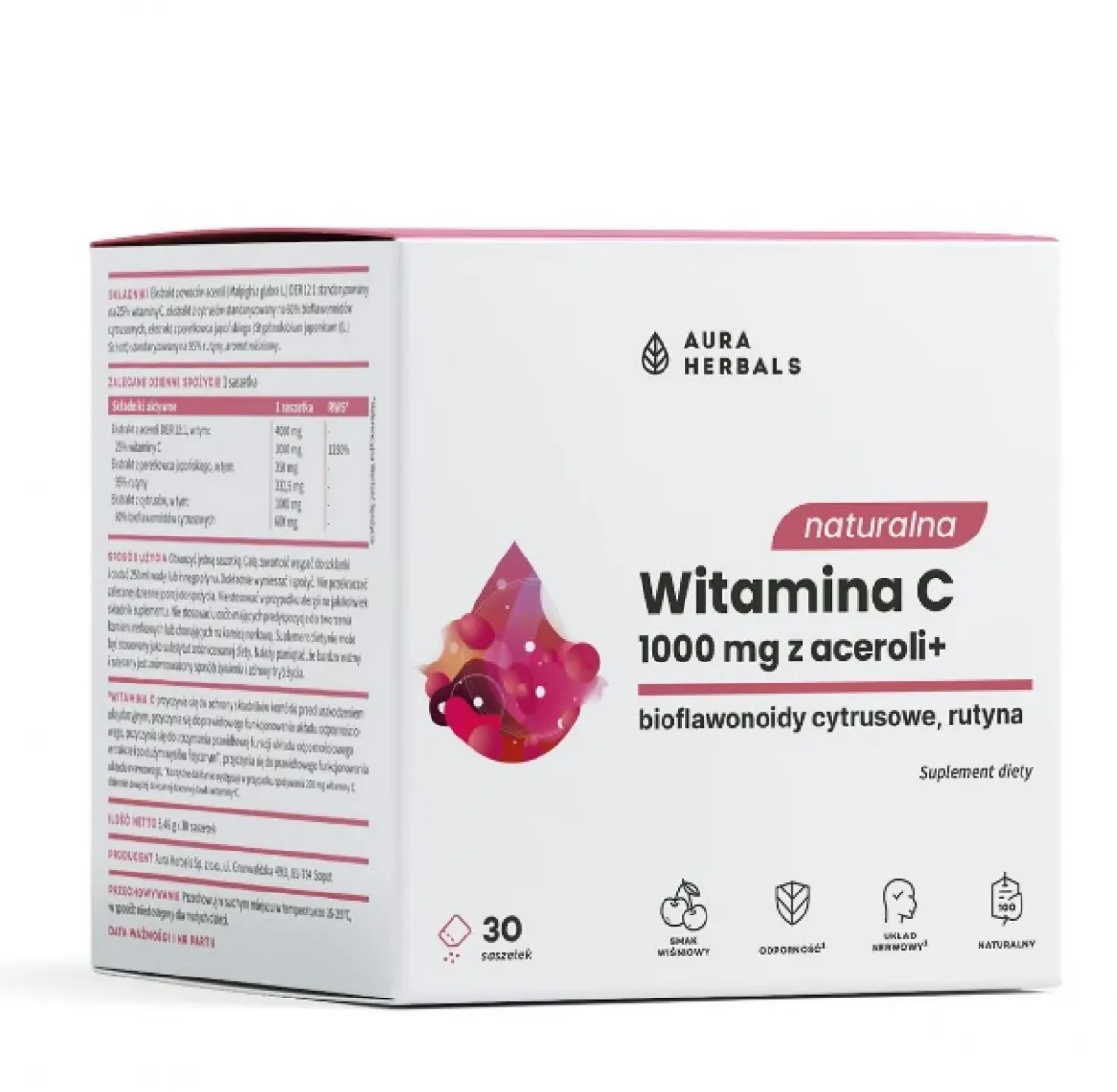 Naturalna witamina C 1000mg z aceroli 30 saszetek Aura Herbals
