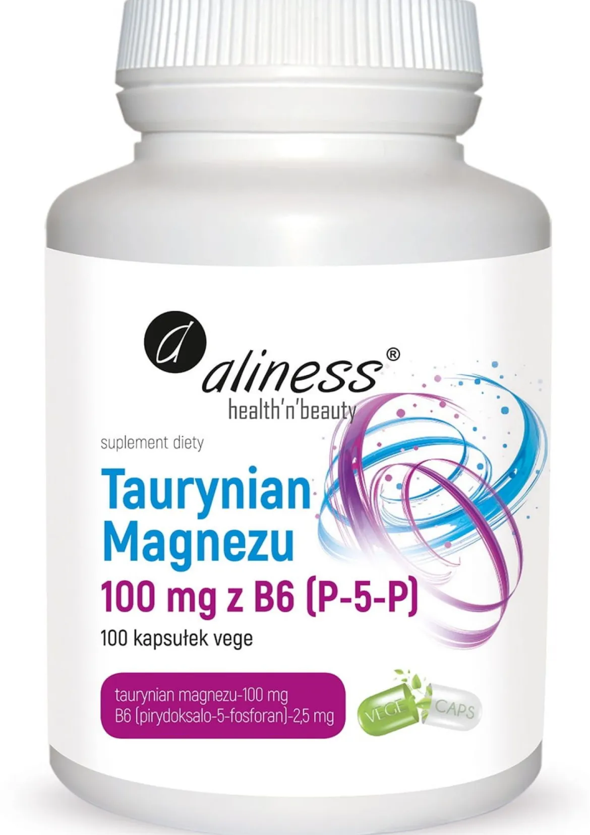 Taurynian Magnezu 100mg z B6 (P-5-P x100vege caps. Aliness
