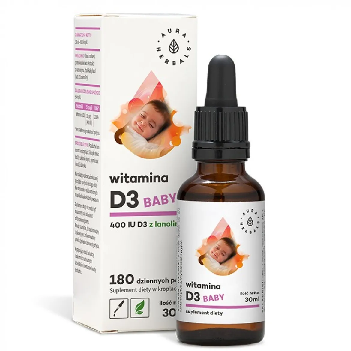 Witamina D3 Baby dla dzieci 400 IU 30ml Aura Herbals